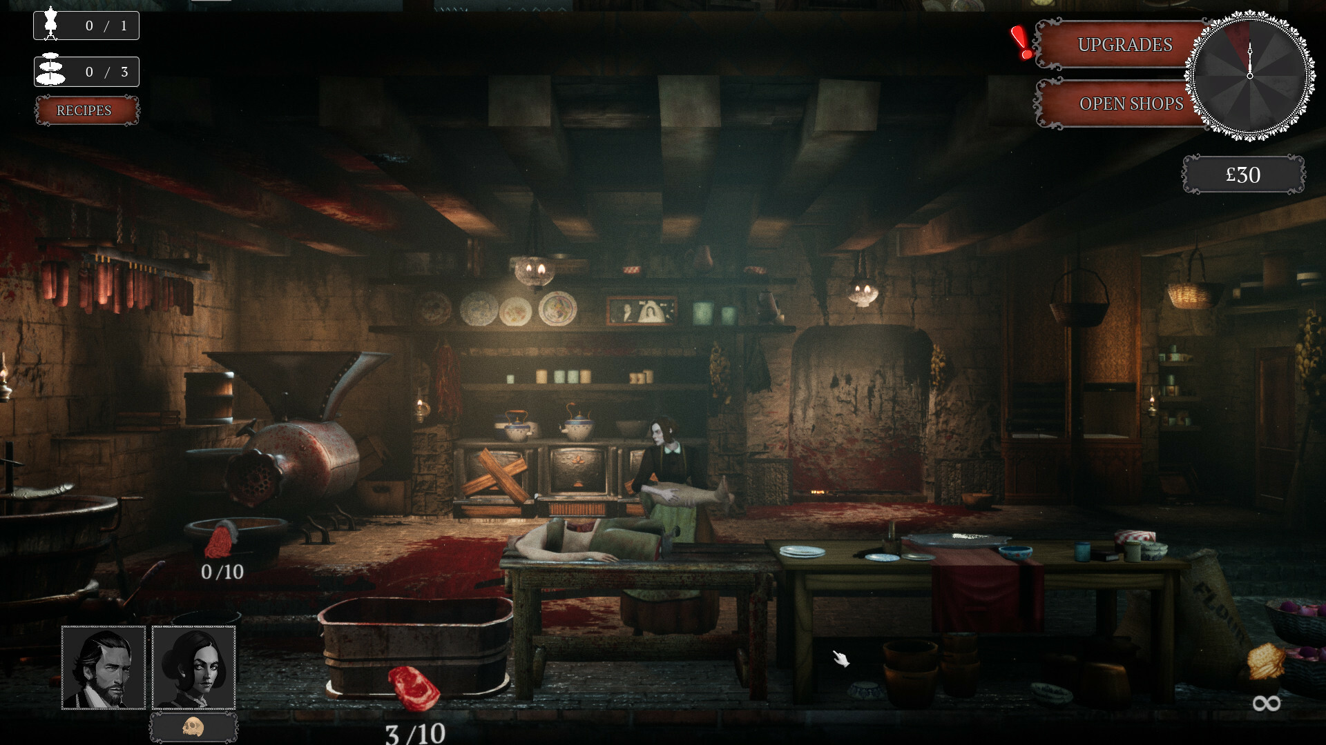 Horror Games of 2022. Shown is Hildred's workshop. A bloody, victorian-esque workspace with a meat grinder and various cooking utencils on the wooden counter.